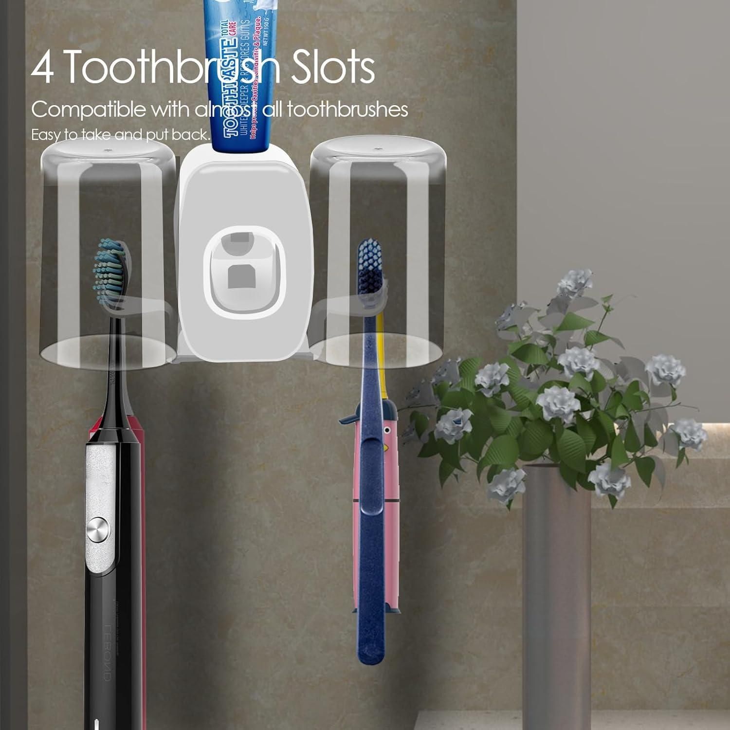 Tooth Brush Holders Set with Toothpaste Dispenser Wall Mounted